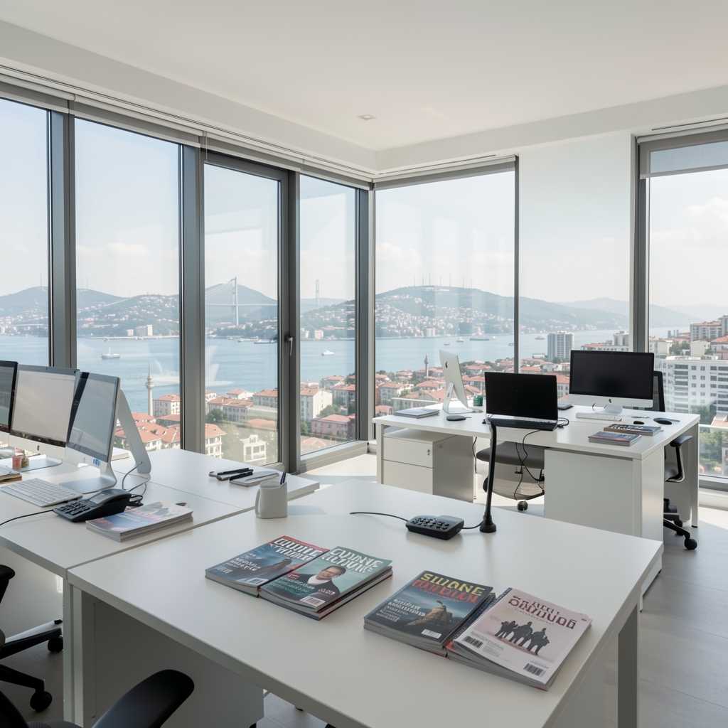 Modern İstanbul ofisi, büyük pencerelerden Boğaz manzarası görünen, beyaz duvarlar ve çalışma masaları üzerinde finans dergileri ve bilgisayarlar bulunan aydınlık çalışma alanı