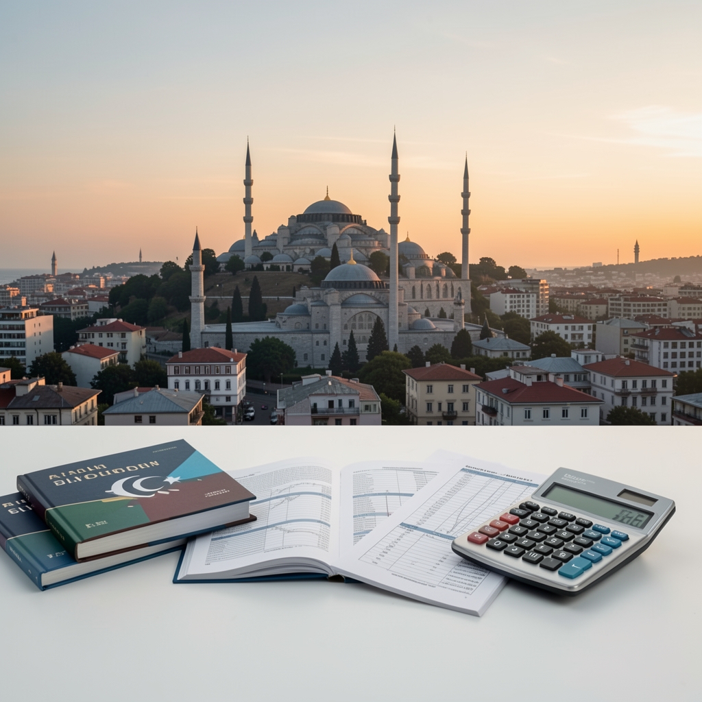 Türkiye İstanbul silüetini gösteren panoramik bir fotoğraf, ön planda beyaz bir masa üzerinde açık finans kitapları, hesap makinesi ve bütçe tablolarıyla